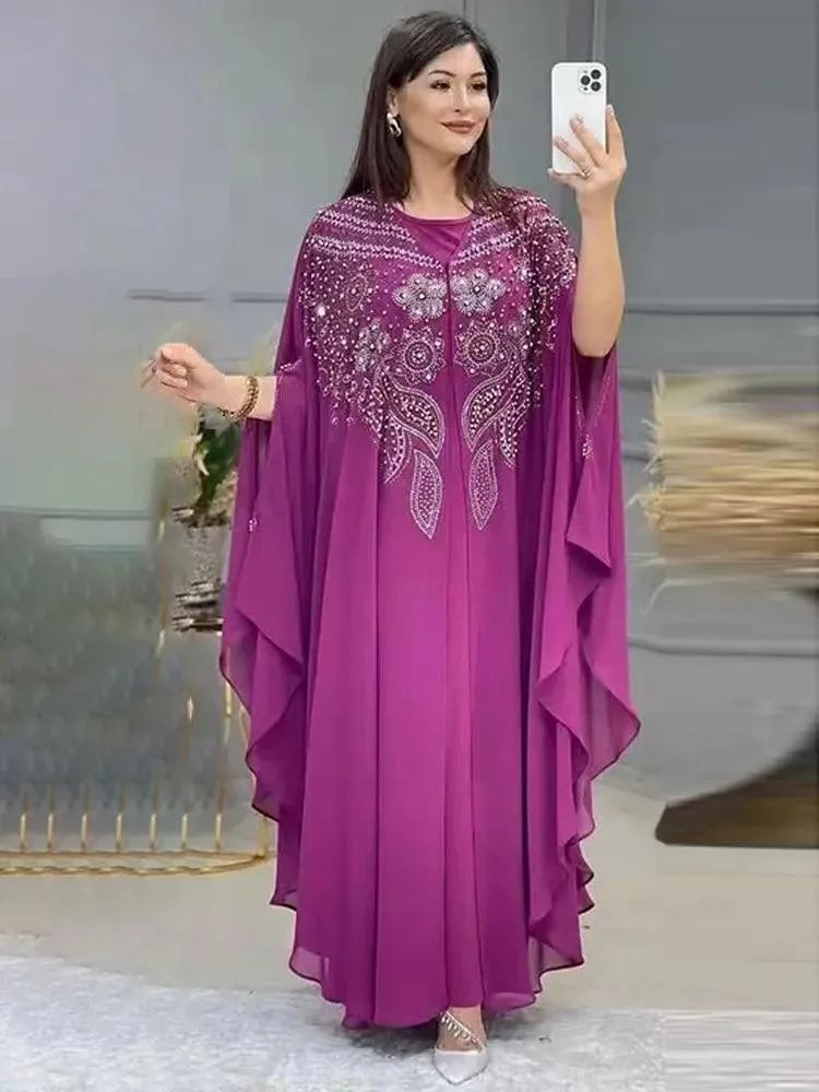 2 Piece Plus Size Chiffon African Arabian Boubou Kaftan Abaya Dress for Women