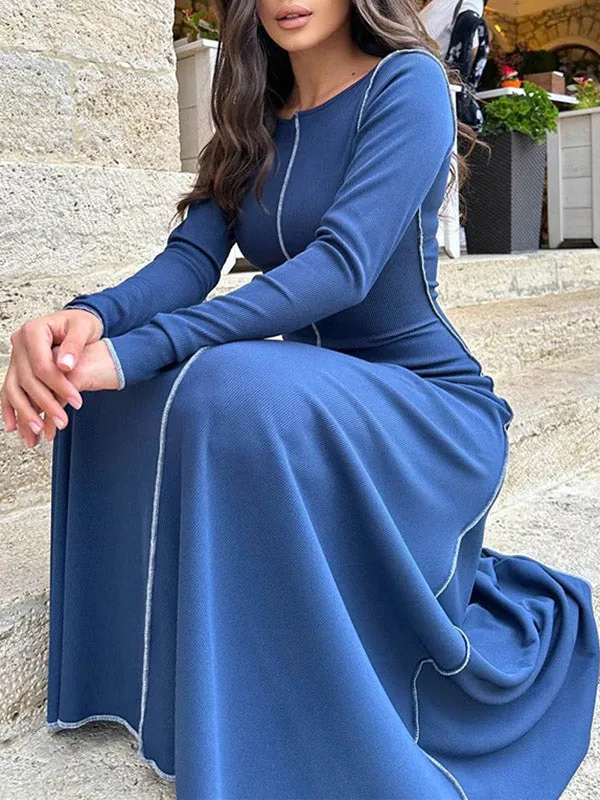 A-Line Long Sleeves Solid Color Striped Round-Neck Maxi Dresses