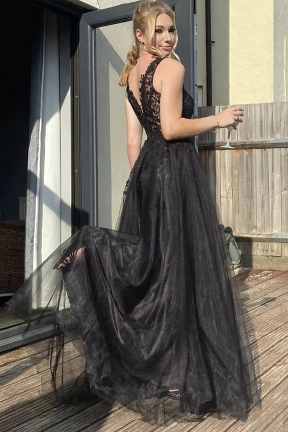 A Line V Neck Black Lace Long Prom Dresses, Black Lace Formal Dresses, Black Evening Dresses