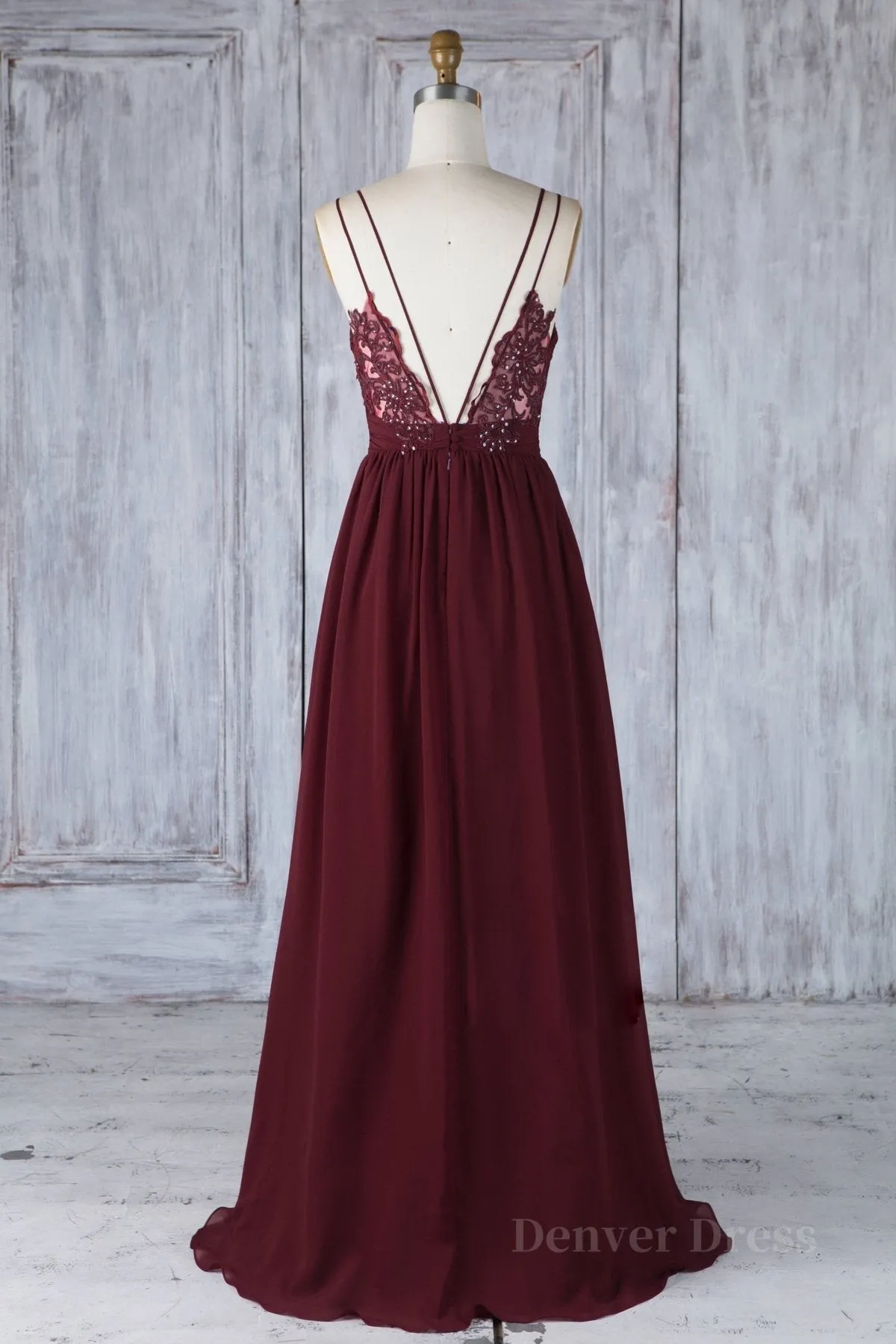 A Line V Neck Burgundy Chiffon Long Prom Dress with Lace Back V Neck Lace Back Burgundy Formal Graduation Evening Dress