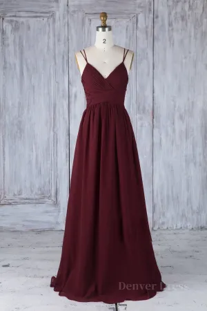 A Line V Neck Burgundy Chiffon Long Prom Dress with Lace Back V Neck Lace Back Burgundy Formal Graduation Evening Dress