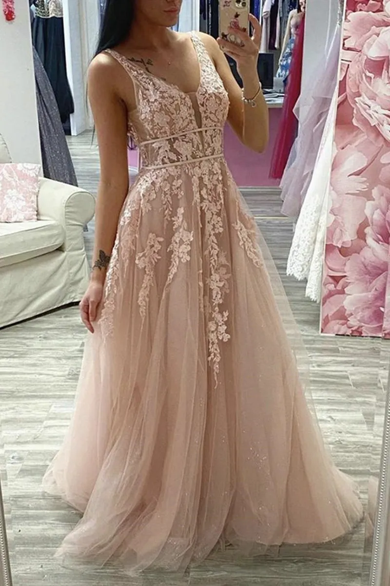 A Line V Neck Pink Lace Long Prom Dress, Pink Lace Formal Dress, Pink Evening Dress