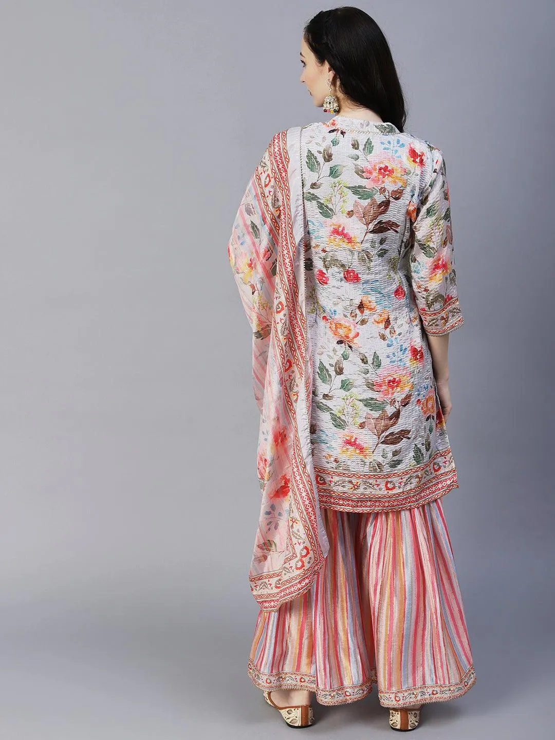 Abstract Floral Printed & Hand Embroidered Kurta with Sharara & Dupatta - Grey