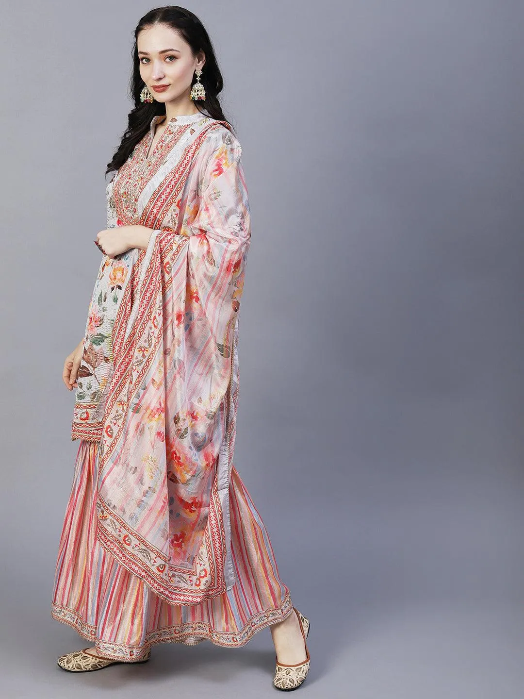 Abstract Floral Printed & Hand Embroidered Kurta with Sharara & Dupatta - Grey