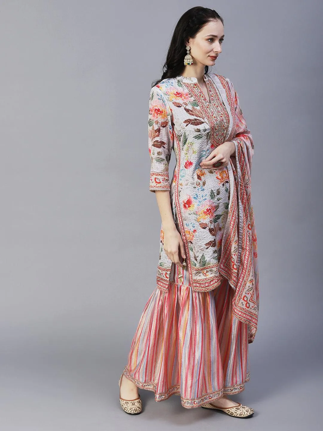 Abstract Floral Printed & Hand Embroidered Kurta with Sharara & Dupatta - Grey