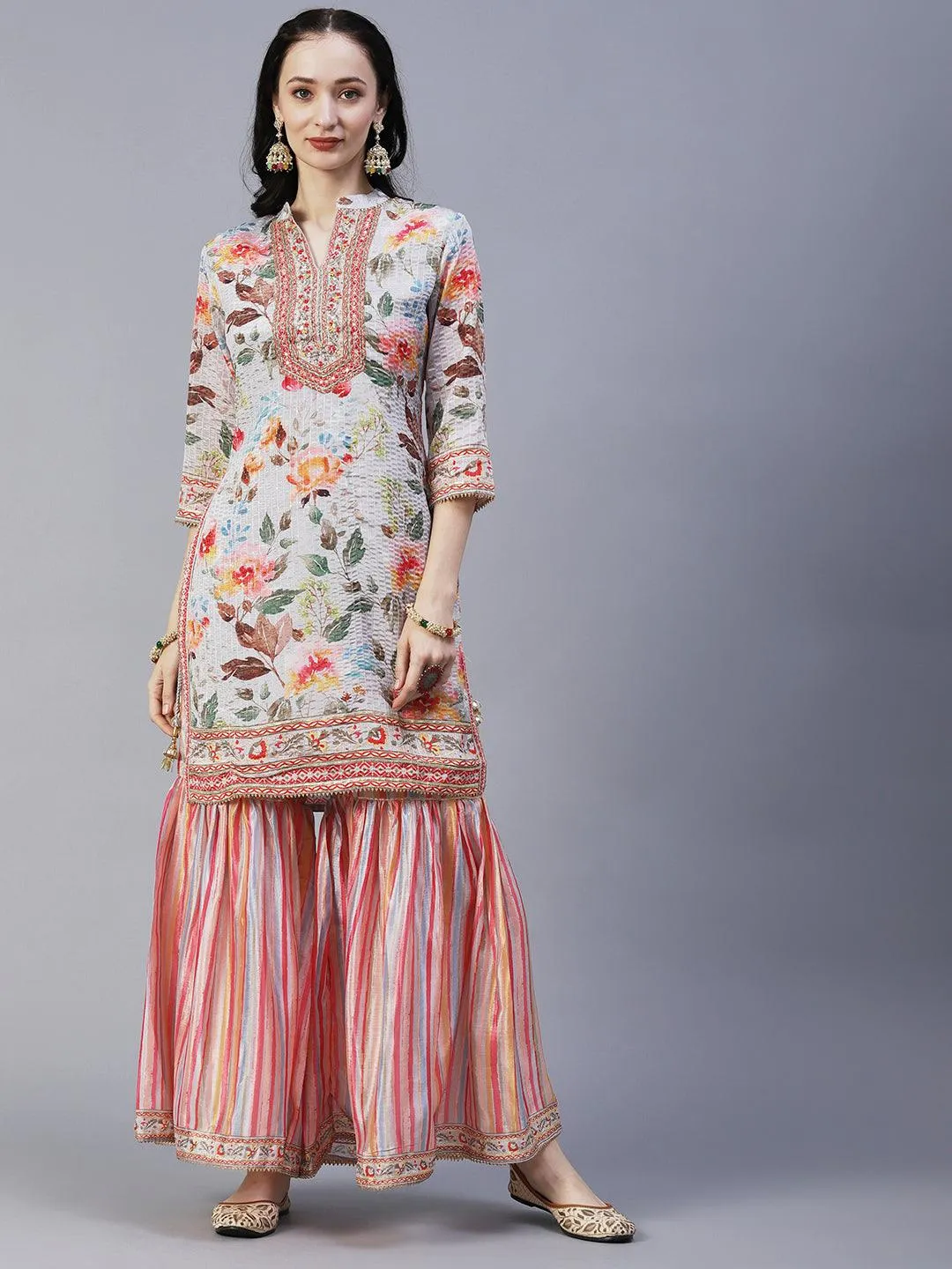 Abstract Floral Printed & Hand Embroidered Kurta with Sharara & Dupatta - Grey