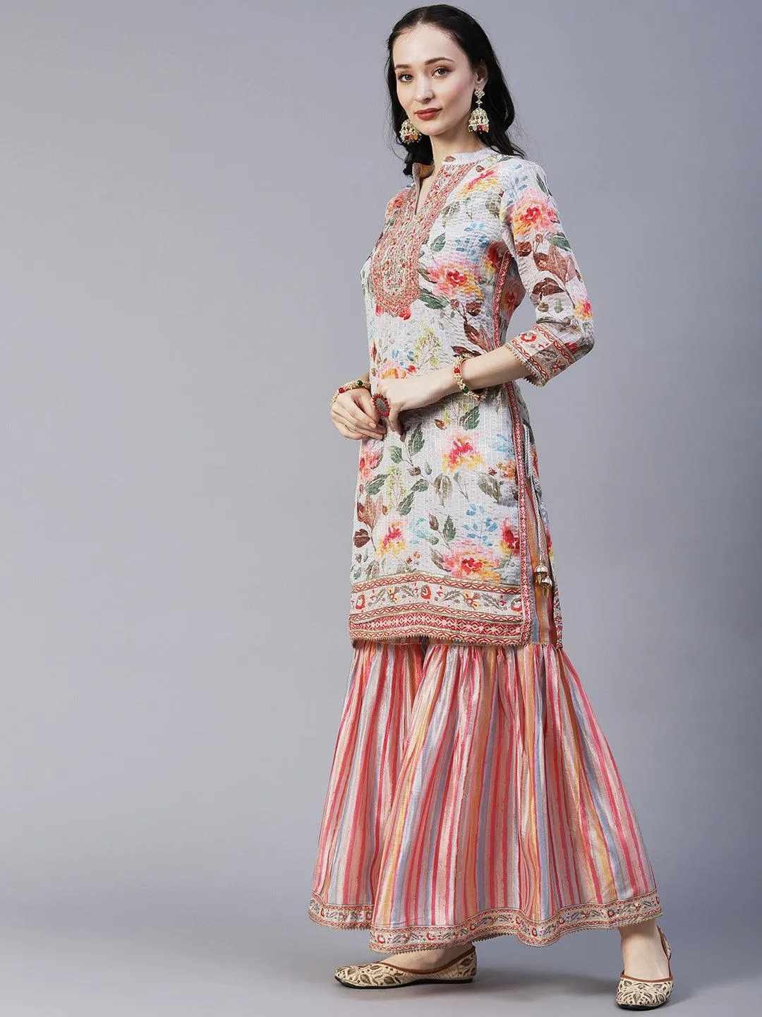 Abstract Floral Printed & Hand Embroidered Kurta with Sharara & Dupatta - Grey