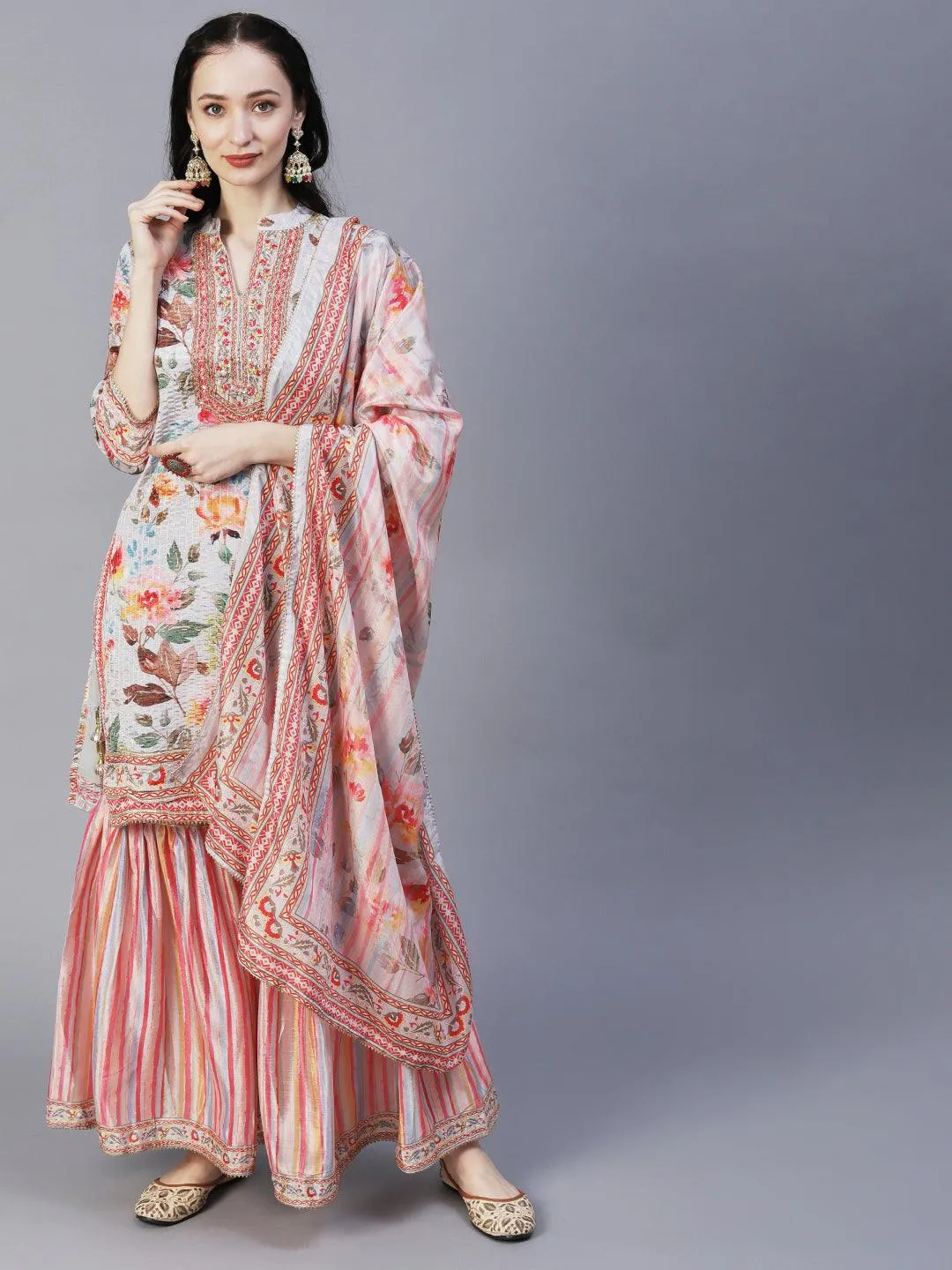 Abstract Floral Printed & Hand Embroidered Kurta with Sharara & Dupatta - Grey