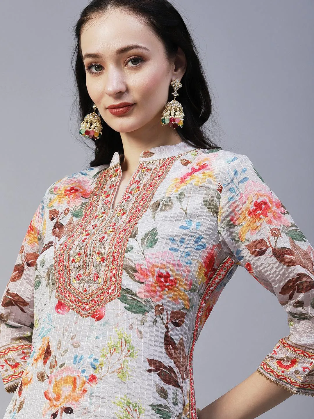 Abstract Floral Printed & Hand Embroidered Kurta with Sharara & Dupatta - Grey