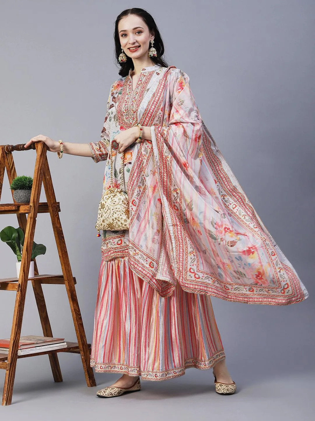 Abstract Floral Printed & Hand Embroidered Kurta with Sharara & Dupatta - Grey