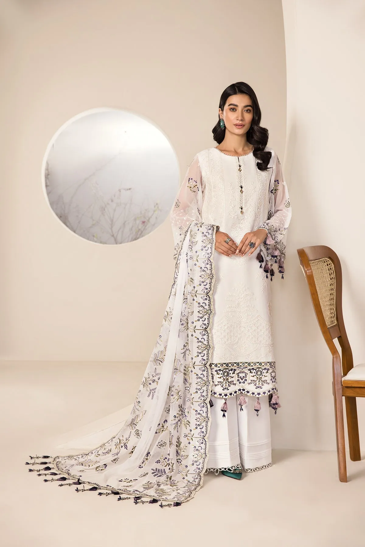 Alizeh Lamhay Festive Formal Collection – Embroidered Chiffon White - V15D07 - Abar