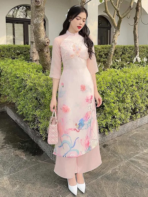 Ao Dai Dress Beige 3D Butterfly Ao Dai Includes One Ao Dai Top And Pants