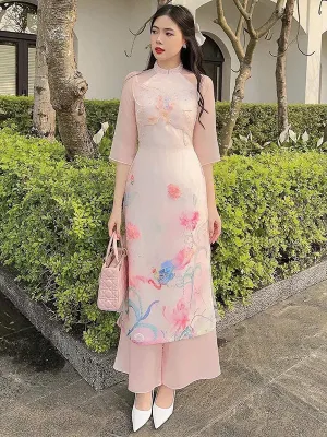 Ao Dai Dress Beige 3D Butterfly Ao Dai Includes One Ao Dai Top And Pants