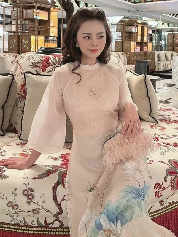 Ao Dai Vietnam Beige Lotus Pond Chiffon Include Ao Dai Top And Pants