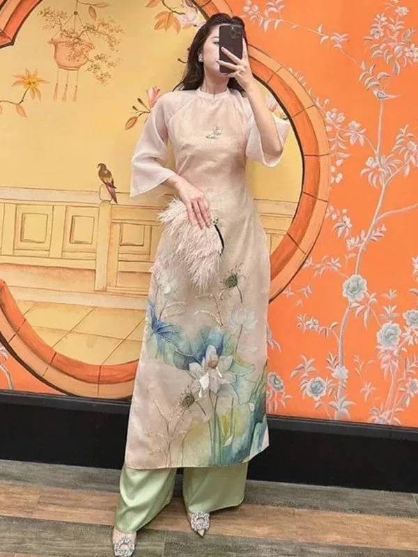 Ao Dai Vietnam Beige Lotus Pond Chiffon Include Ao Dai Top And Pants