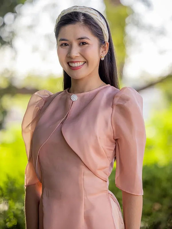 Ao Dai Vietnam Beige Short Sleeve Includes One Ao Dai Top And Pants