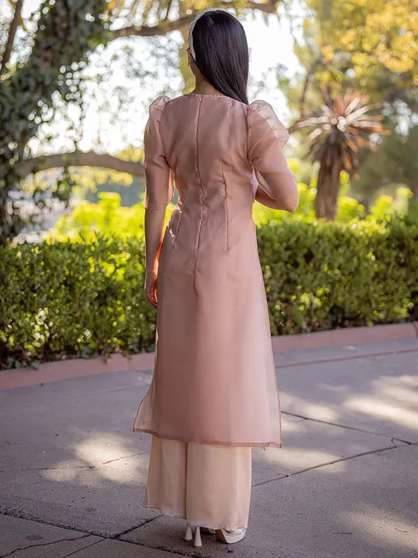 Ao Dai Vietnam Beige Short Sleeve Includes One Ao Dai Top And Pants