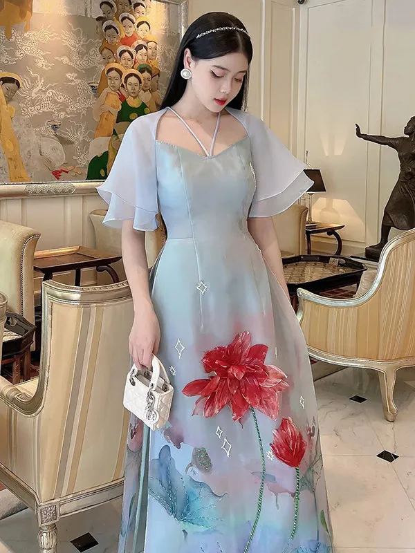 Ao Dai Vietnam Blue Halter 3D Includes One Ao Dai Top And Pants