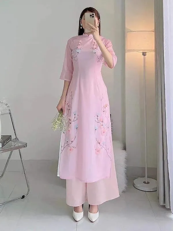 Ao Dai Vietnam Blush Blossom Chiffon Contain Ao Dai Top And Pants