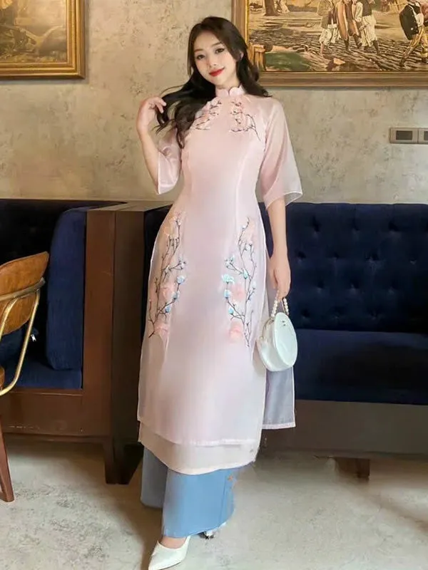 Ao Dai Vietnam Blush Blossom Chiffon Contain Ao Dai Top And Pants