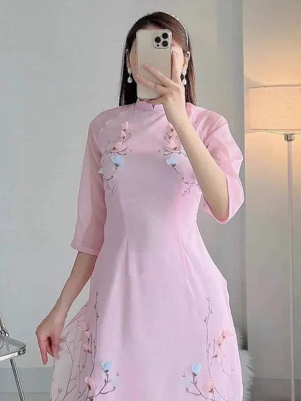 Ao Dai Vietnam Blush Blossom Chiffon Contain Ao Dai Top And Pants