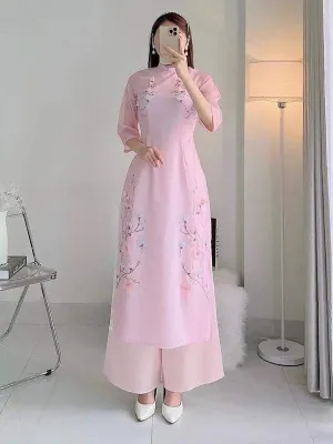 Ao Dai Vietnam Blush Blossom Chiffon Contain Ao Dai Top And Pants