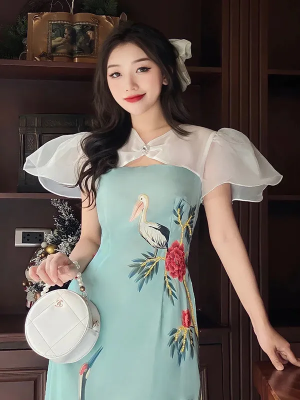 Ao Dai Vietnam Cyan Hac Wing Sleeve Ao Dai Top And Pants