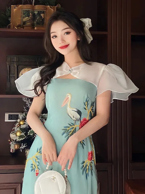 Ao Dai Vietnam Cyan Hac Wing Sleeve Ao Dai Top And Pants