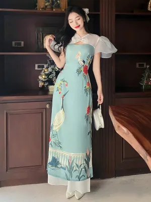 Ao Dai Vietnam Cyan Hac Wing Sleeve Ao Dai Top And Pants