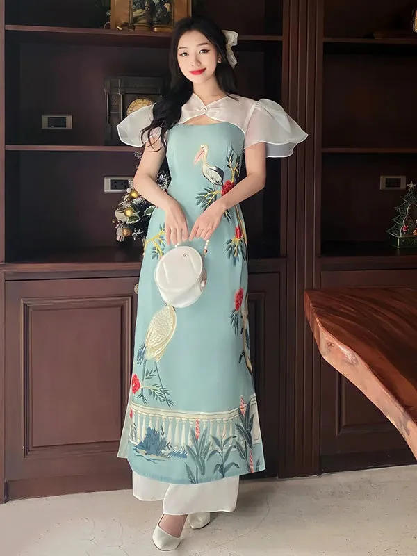 Ao Dai Vietnam Cyan Hac Wing Sleeve Ao Dai Top And Pants