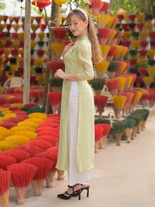 Ao Dai Vietnam Light Green Embroidery Ao Dai Top And Pants