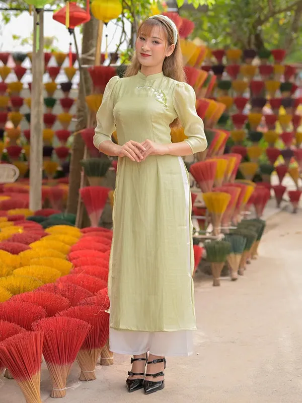 Ao Dai Vietnam Light Green Embroidery Ao Dai Top And Pants