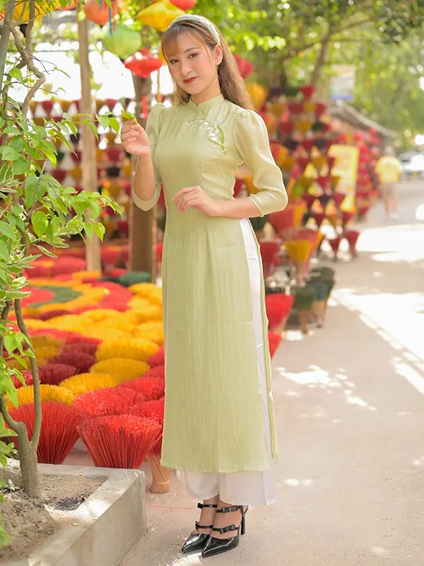 Ao Dai Vietnam Light Green Embroidery Ao Dai Top And Pants