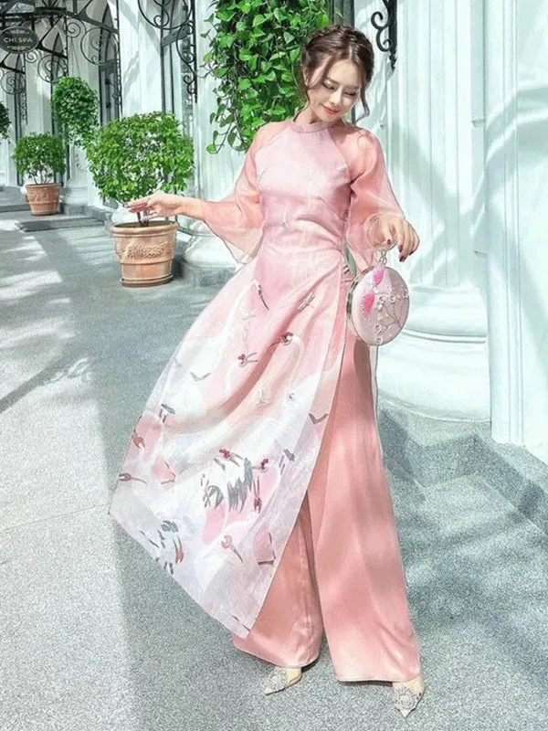 Ao Dai Vietnam Pink Crane Includes One Ao Dai Top And Pants