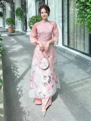 Ao Dai Vietnam Pink Crane Includes One Ao Dai Top And Pants