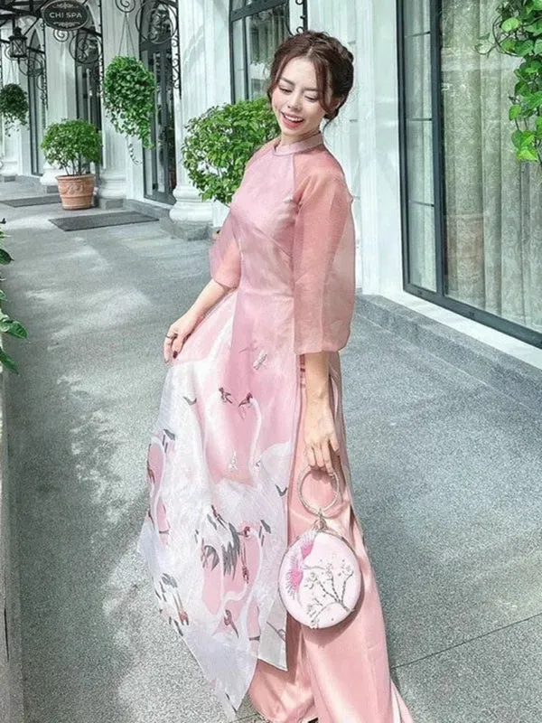 Ao Dai Vietnam Pink Crane Includes One Ao Dai Top And Pants