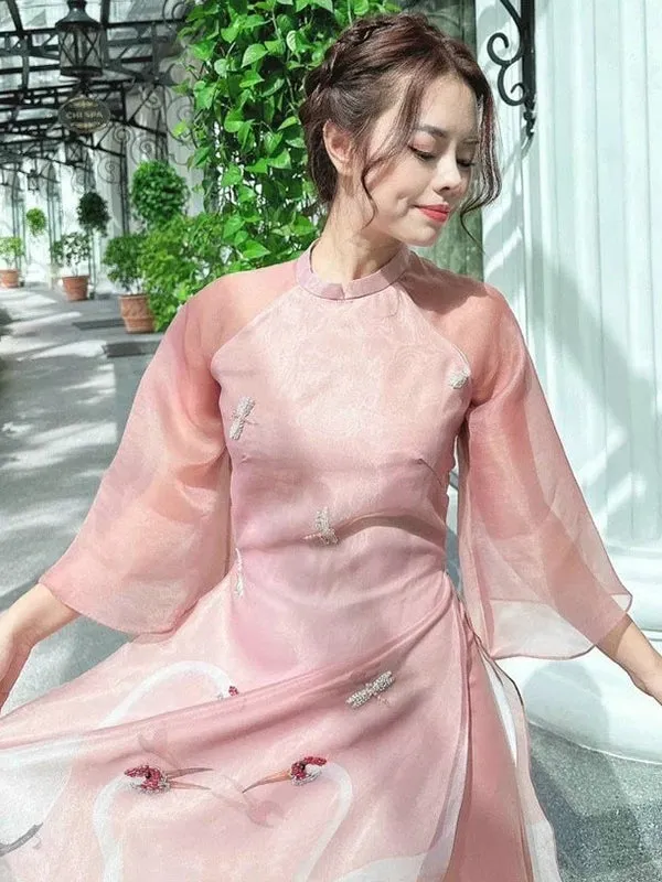 Ao Dai Vietnam Pink Crane Includes One Ao Dai Top And Pants