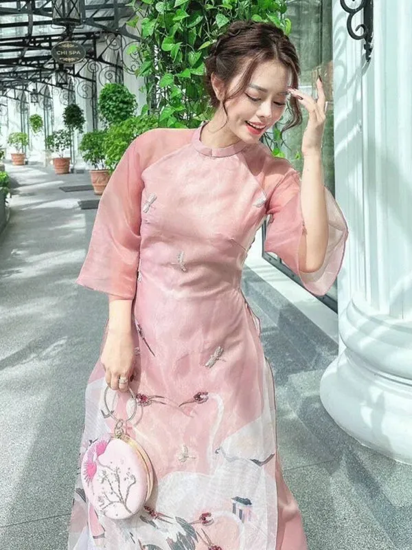 Ao Dai Vietnam Pink Crane Includes One Ao Dai Top And Pants