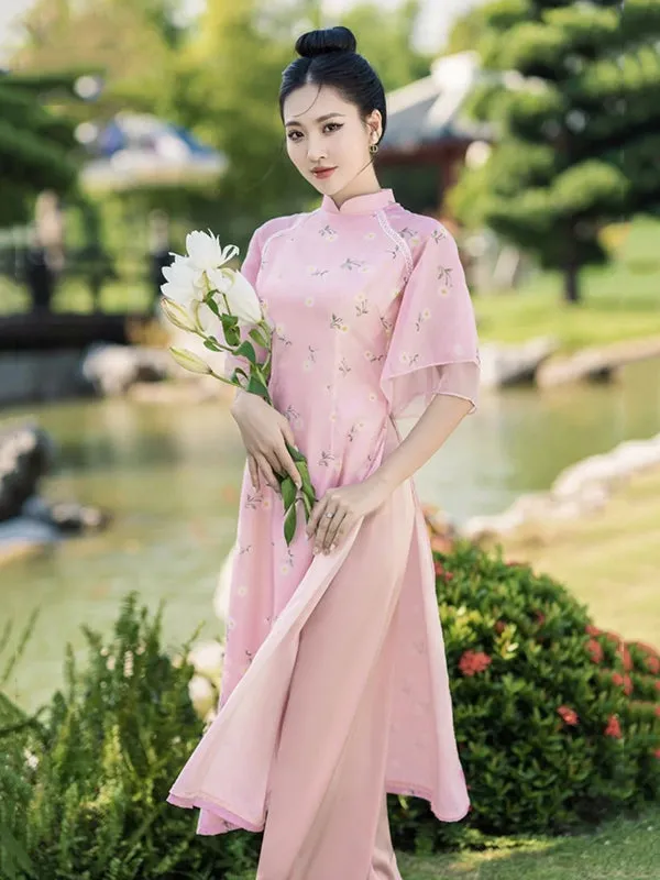 Ao Dai Vietnam Pink Double Sleeve Daisy Includes One Ao Dai Top And Pants One Headband