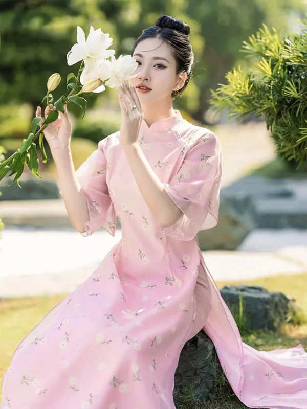 Ao Dai Vietnam Pink Double Sleeve Daisy Includes One Ao Dai Top And Pants One Headband