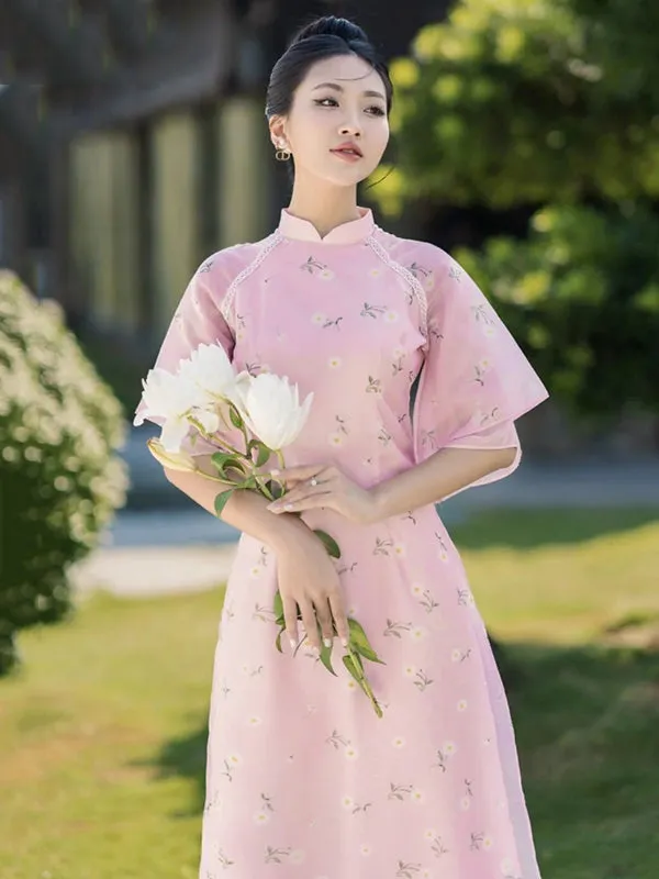 Ao Dai Vietnam Pink Double Sleeve Daisy Includes One Ao Dai Top And Pants One Headband