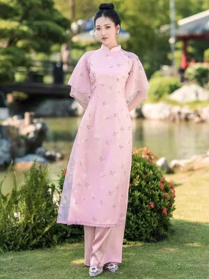 Ao Dai Vietnam Pink Double Sleeve Daisy Includes One Ao Dai Top And Pants One Headband