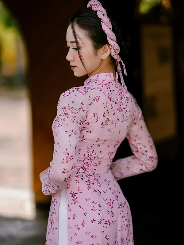 Ao Dai Vietnam Pink Mini Flowers Chiffon Ao Dai Top And Pants With Headband