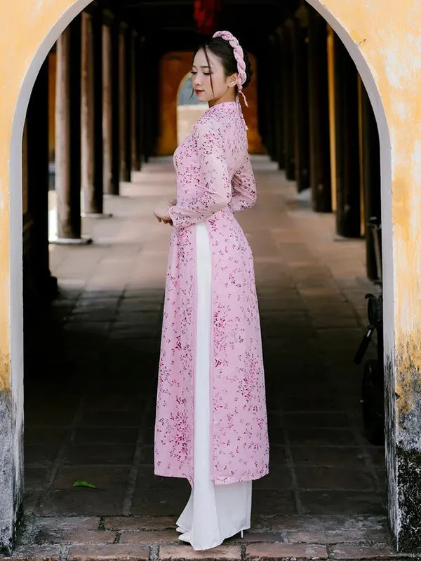 Ao Dai Vietnam Pink Mini Flowers Chiffon Ao Dai Top And Pants With Headband