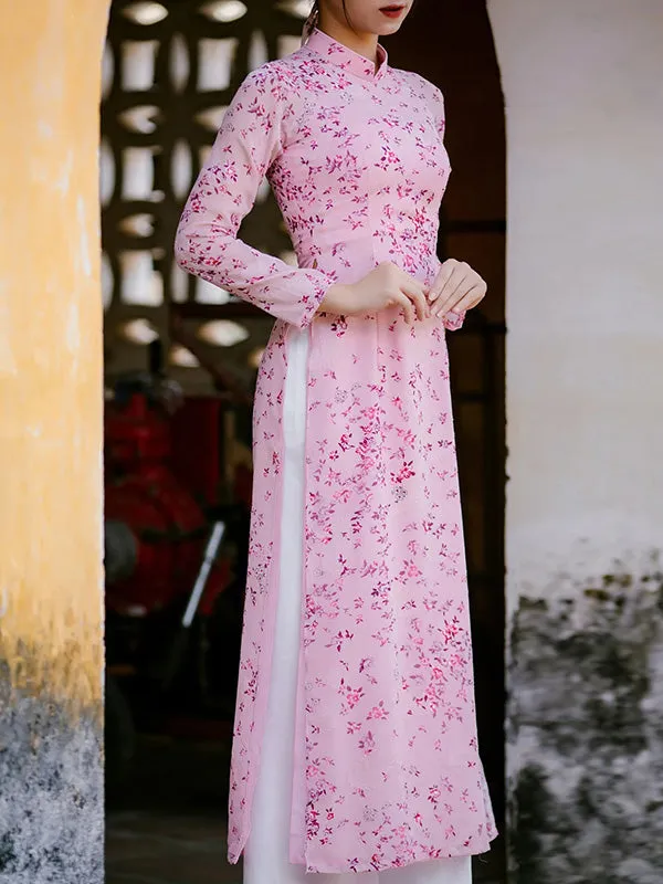 Ao Dai Vietnam Pink Mini Flowers Chiffon Ao Dai Top And Pants With Headband