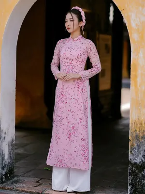 Ao Dai Vietnam Pink Mini Flowers Chiffon Ao Dai Top And Pants With Headband