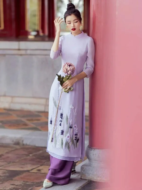 Ao Dai Vietnam Purple Blossom Chiffon Includes One Ao Dai Top And Pants