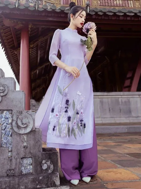 Ao Dai Vietnam Purple Blossom Chiffon Includes One Ao Dai Top And Pants