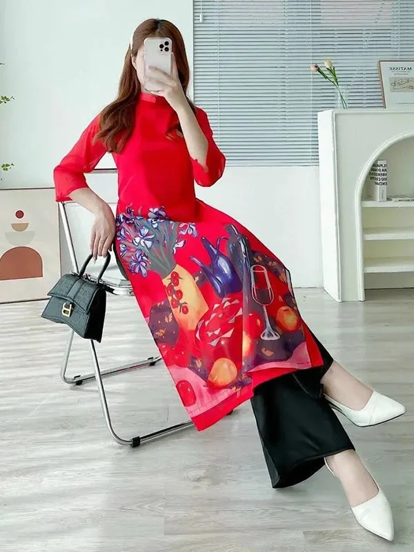 Ao Dai Vietnam Red Ngu Qua Chiffon Includes One Ao Dai Top And Pants