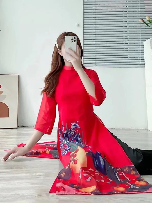 Ao Dai Vietnam Red Ngu Qua Chiffon Includes One Ao Dai Top And Pants